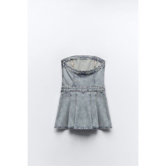 Zara PLEATED TRF STRAPLESS DENIM MINI DRESS Size Small NWT - Picture 5 of 11